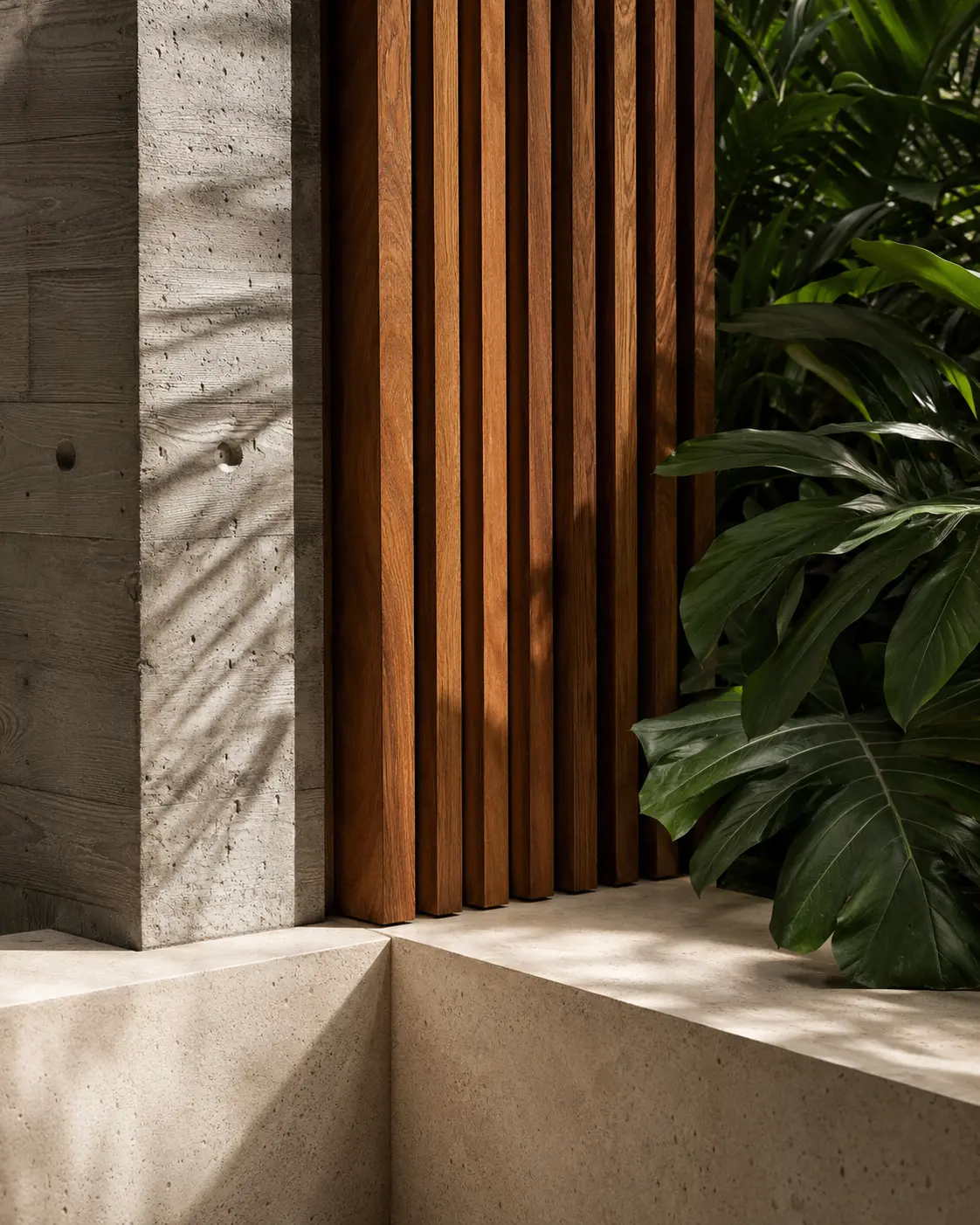 Estudio conceptual de concreto, madera y vegetación